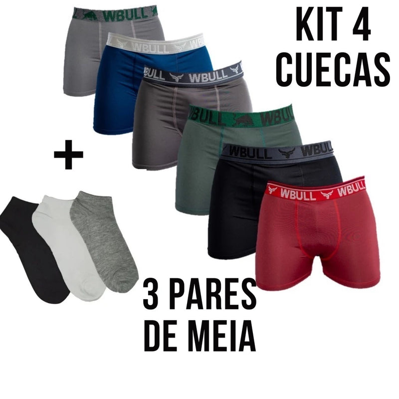 Kit 4 Cuecas Box Boxer Microfibra + 3 Pares de Meias Soquete de Algodão